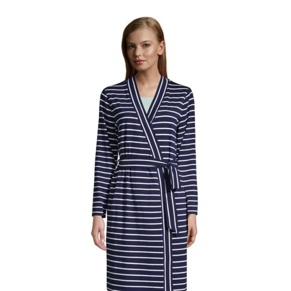 Lands' End Navy & White Striped Cotton Blend Above the Knee Length Robe